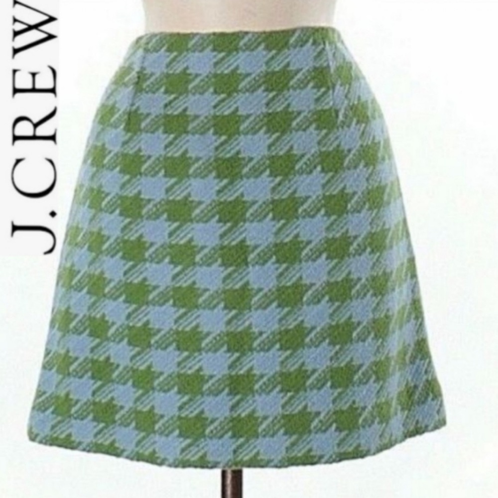 J. Crew Womens Houndstooth Mini Skirt Green & Blue Wool size 4 Preppy Academia - Picture 1 of 9